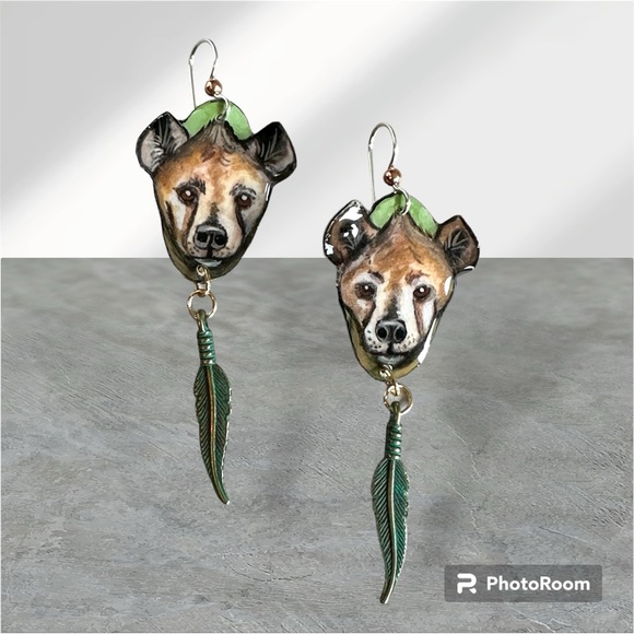 Hand painted spotted hyena, OOAK earrings w feather charm wildlife jewelry - Picture 1 of 5